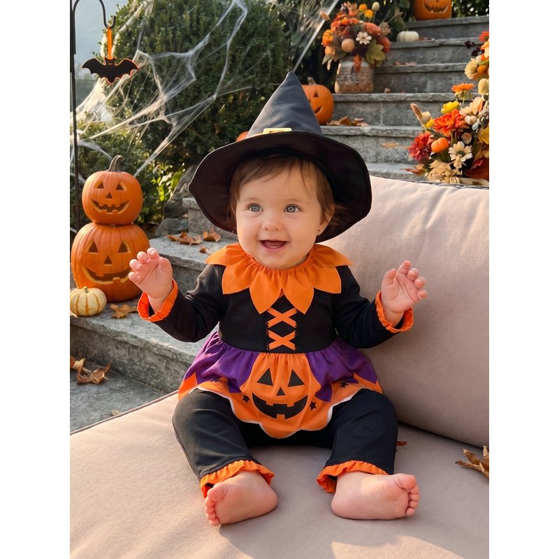 Toddler Baby Girl Halloween Pumpkin Costume Set - Orange & Black, 12-18 Months