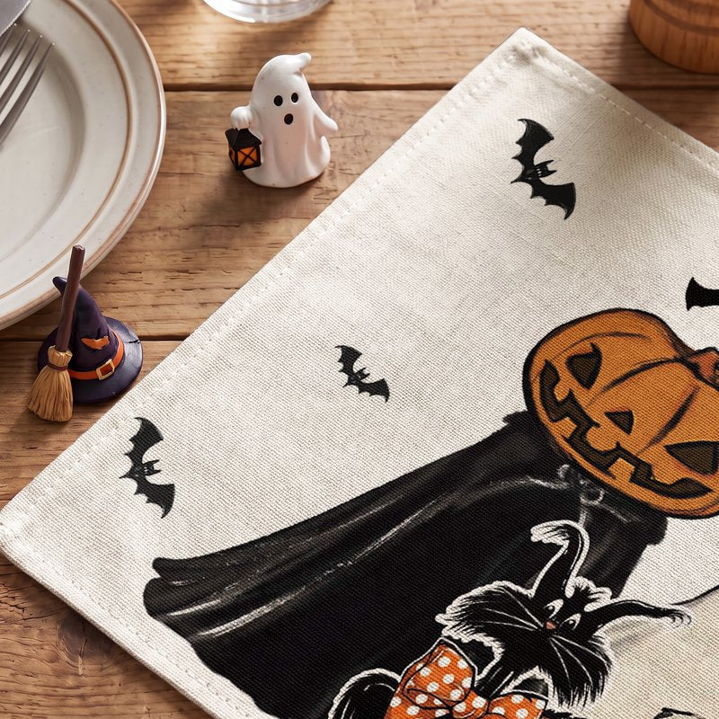 Halloween Ghost Jack-O'-Lantern Black Cat Placemats Set of 4 12x18 Inch Home Decor