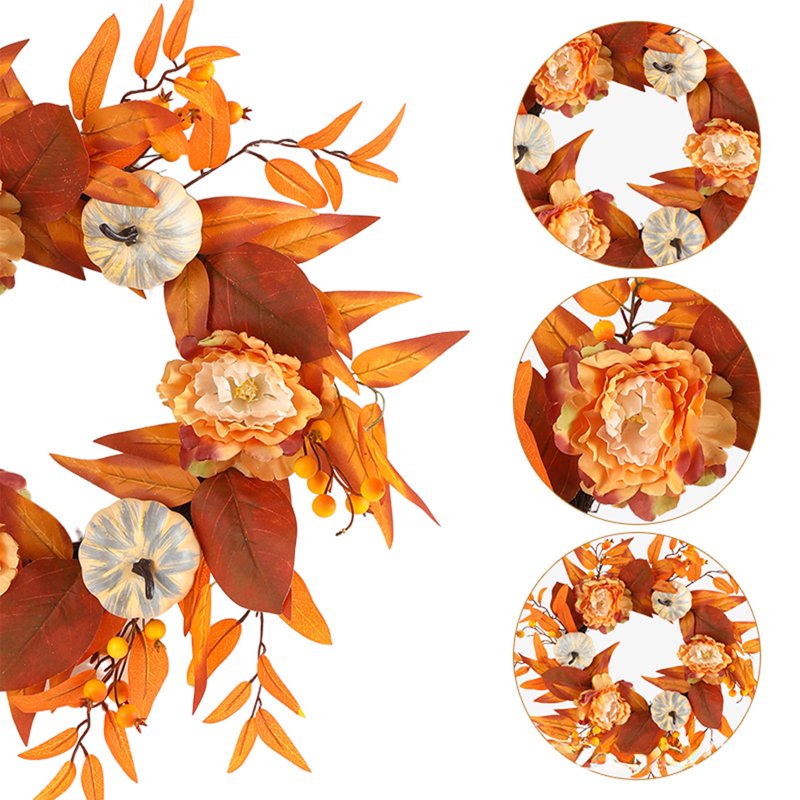 Fall Door Hanger with Pumpkin and Maple Leaves - Thanksgiving & Halloween Decor