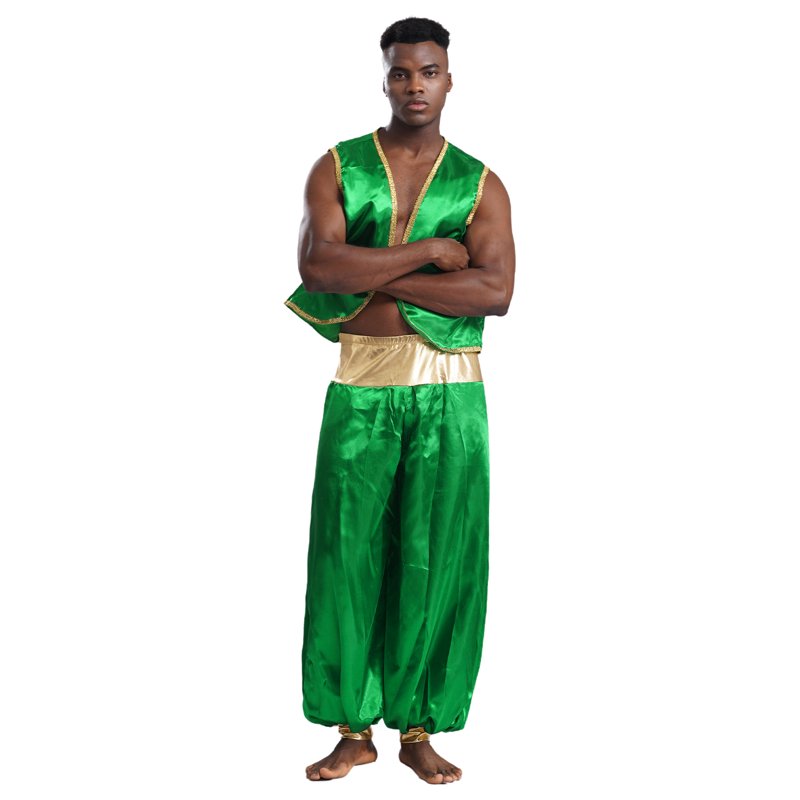 Mens Arabian Prince Costume Open Front Vest and Pants Set — Green & Green, Medium