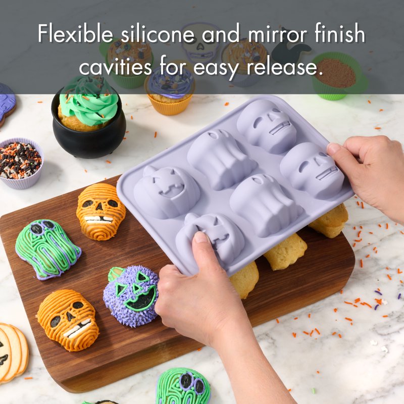 Silicone Cakelet Pan with Jack-O'-Lantern Ghost Skull Designs - Halloween Baking Mold