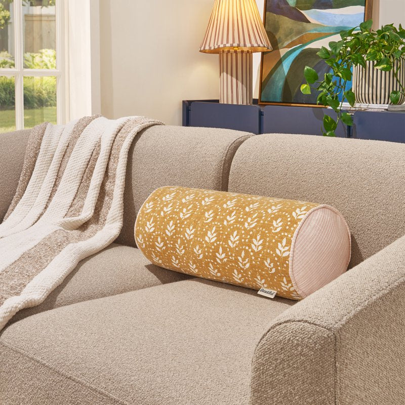 Yellow 8x20 Inch Block Print Bolster Pillow - Decorative Throw Cushion