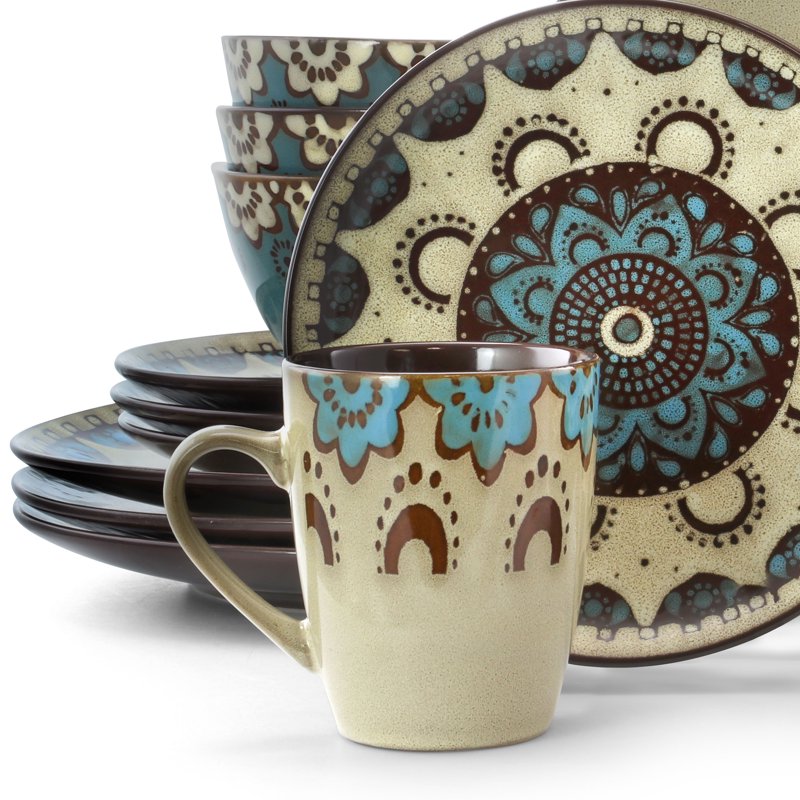 16-Piece Round Stoneware Dinnerware Set - Tan & Blue