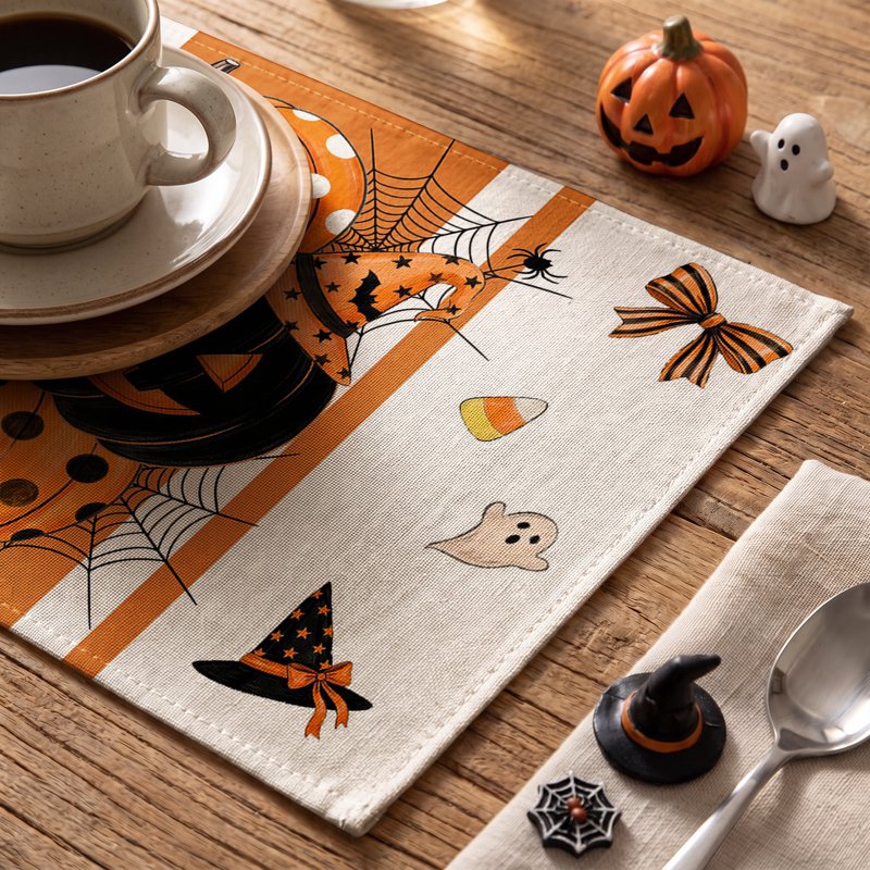 Halloween Placemats Set of 4 - Orange Pumpkin Ghost Bat Spider Web 12x18 C