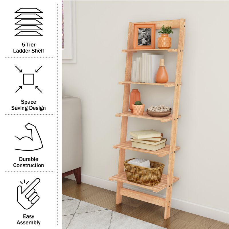 50-Inch Wooden Ladder Bookshelf with Rustic Oak Finish