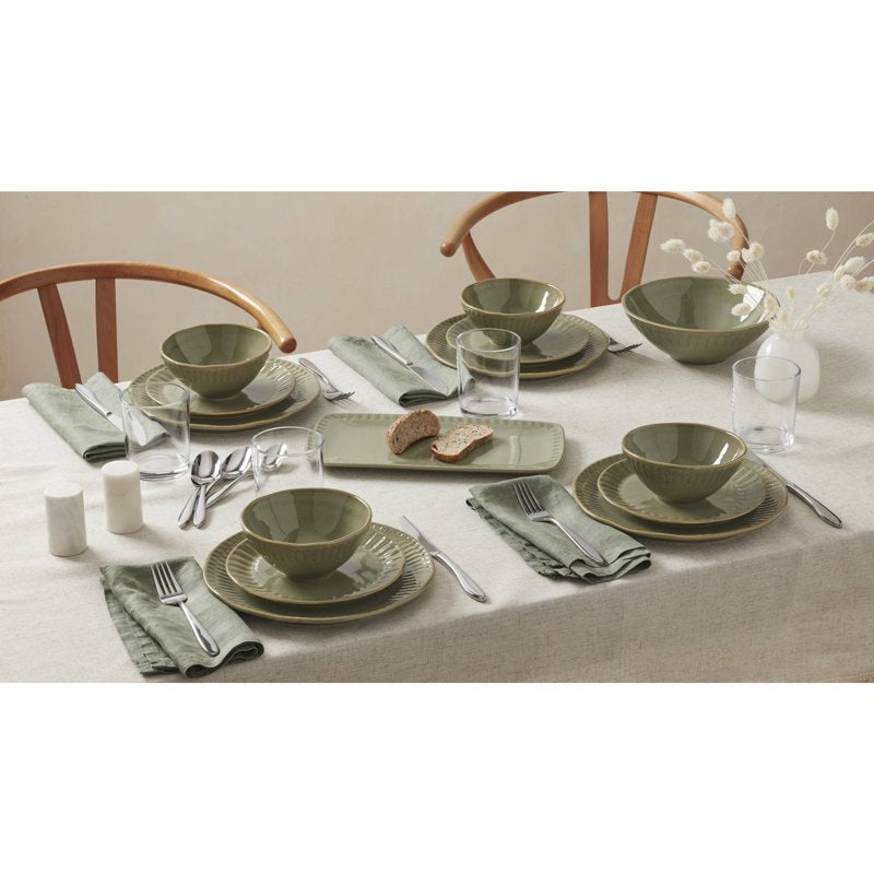 Artisanal Stripe 12-Piece Green Stoneware Dinnerware Set - Service for 4