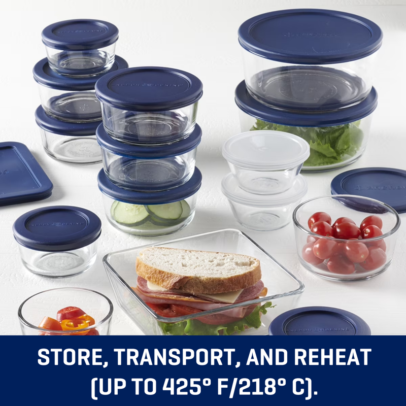 30-Piece Clear Glass Food Storage Set with Navy Lids