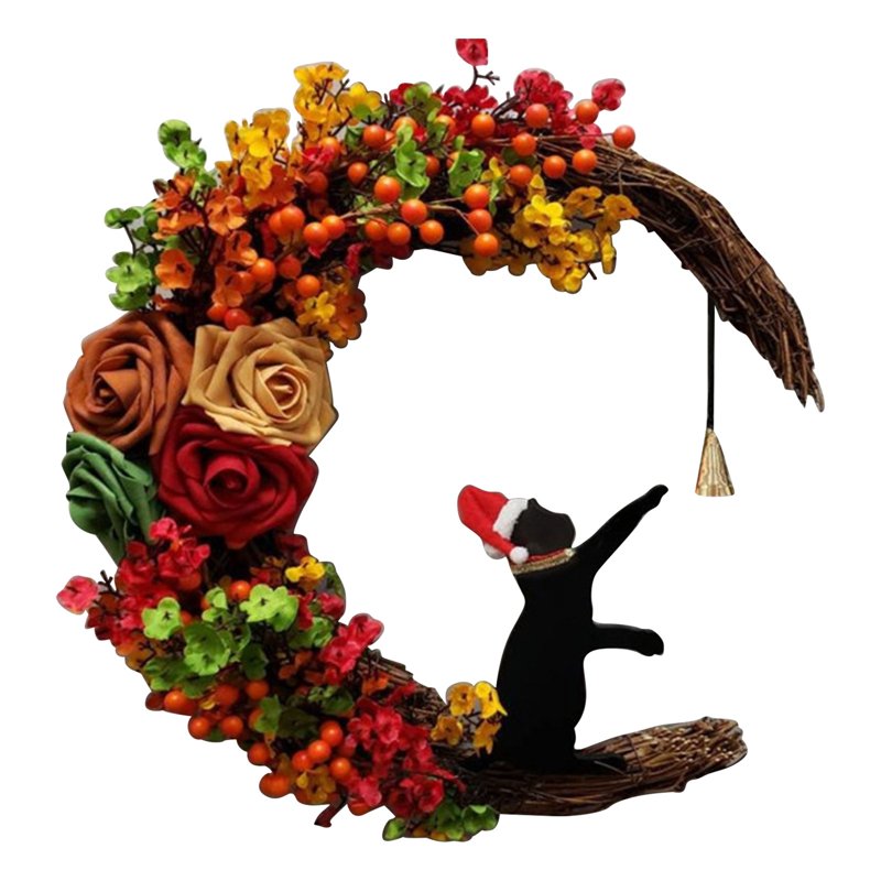 Moon Cat Farmhouse Wreath with Rose Garland for Indoor Outdoor Decor