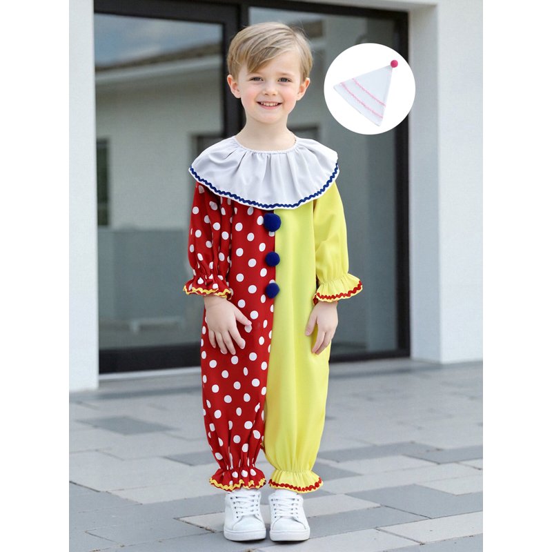 Kids Toddler Clown Costume Set - Red Yellow Romper & Hat for 6-12 Months