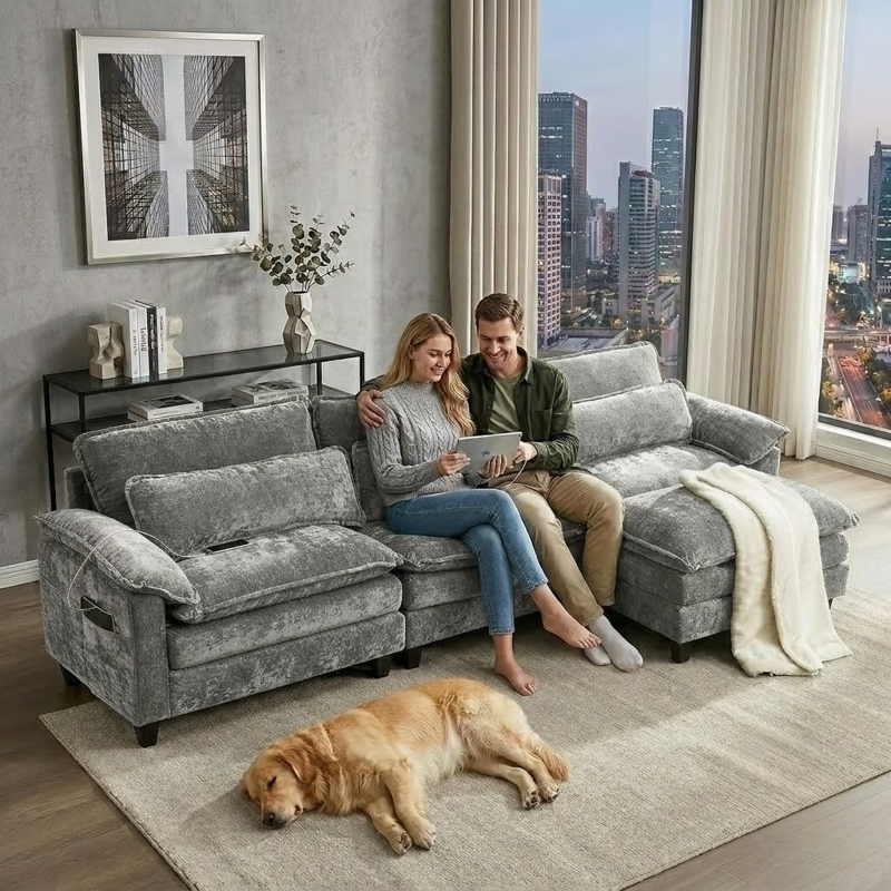 113" Cloud Modular Sectional Sofa - L-Shaped Convertible Couch with Ottoman, Grey