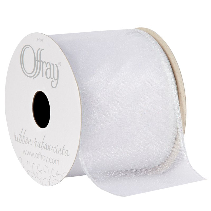 (2 Pack) Offray White 2.5 Inch Wired Edge Sheer Metallic Ribbon - 9 Feet for Weddings & Crafts