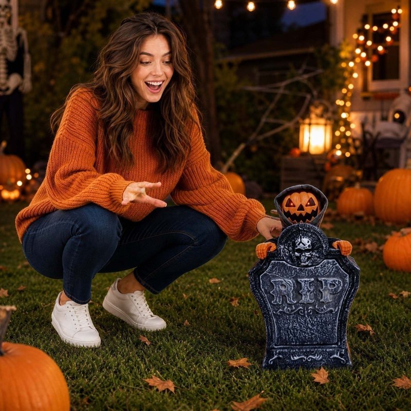 Halloween Animated Tombstone Decor with Rising Skeleton and Pumpkin - Voice Activated Outdoor Yard Prop