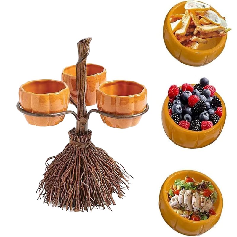 Halloween Candy Bowl Stand with Pumpkin Bowls & Broomstick Base - Variation #002