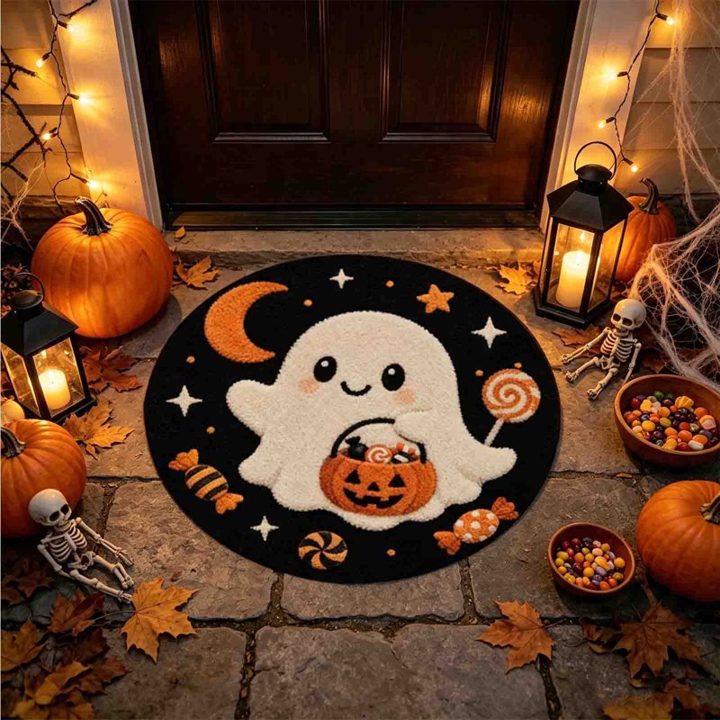 Halloween Ghost Doormat 23.62in Diameter Non-Slip Water-Absorbing Indoor Welcome Mat - Black