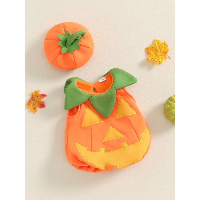 Toddler Baby Girl Boy Halloween Pumpkin Costume 0-6 Months Orange Sleeveless Outfit with Hat