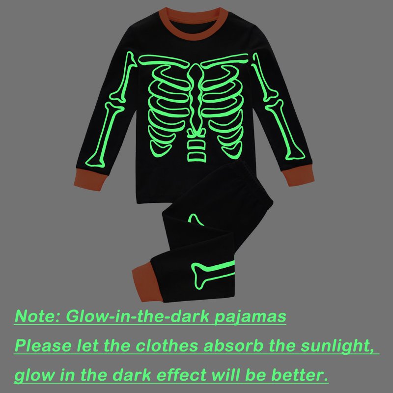 Kids Halloween Skeleton Pajamas Set - Glow in the Dark Boys Girls Sleepwear Size 14 - Skeleton Outline Print