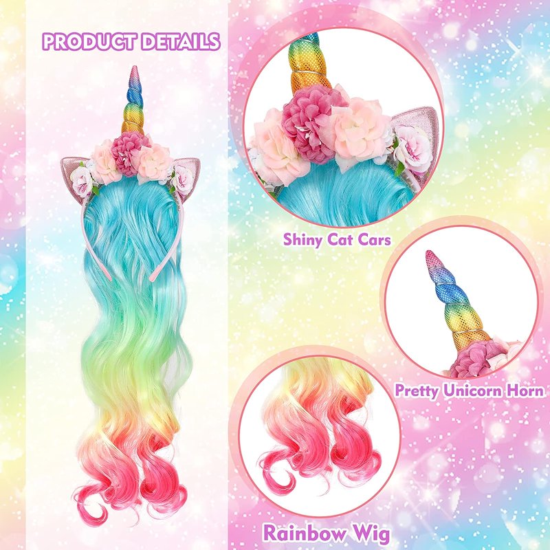 Unicorn Headband with Curly Hair Piece for Girls - Rainbow Party Hair Accessories - Variation of THIS listing