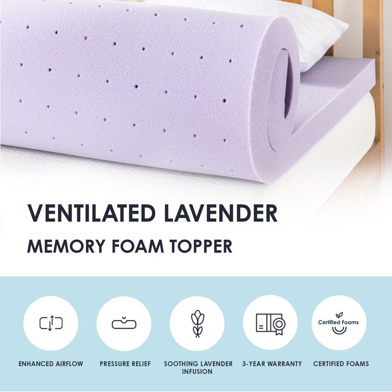 King Ventilated Memory Foam Mattress Topper with Lavender Infusion - Mellow 3 Inch