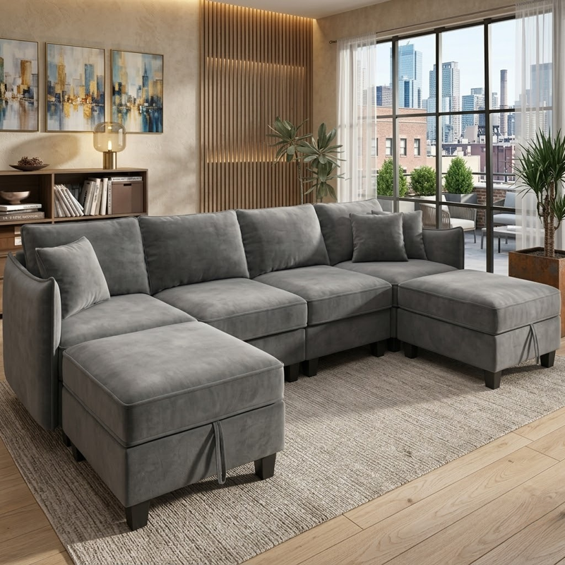 6-Seat Modular U-Shaped Cloud Couch with Storage Ottomans