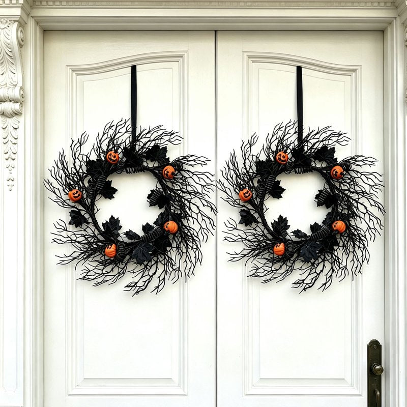 WWC Halloween Wreath 24 Inch Pumpkin and Black Bare Branch Gothic Decor - Variation J