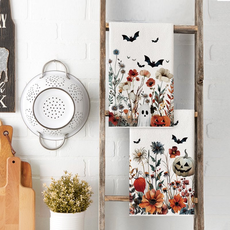 Halloween Kitchen Towels Set of 2 - Ghost Pumpkins Bats Floral 18x26 B Variation
