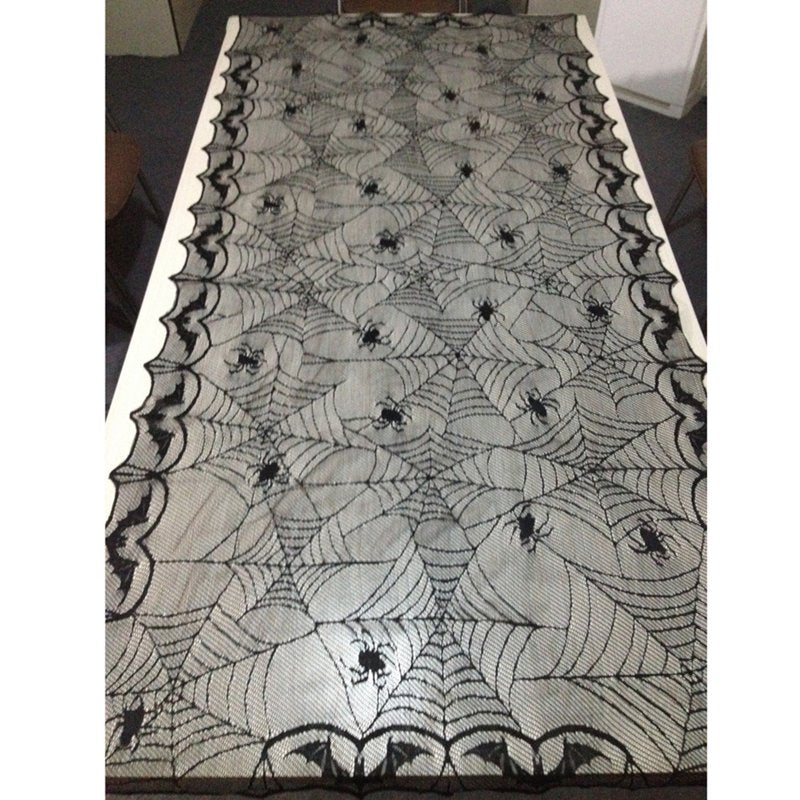 Halloween Spider Web Tablecloth - Black Lace Fabric for Parties 48x96 Inch