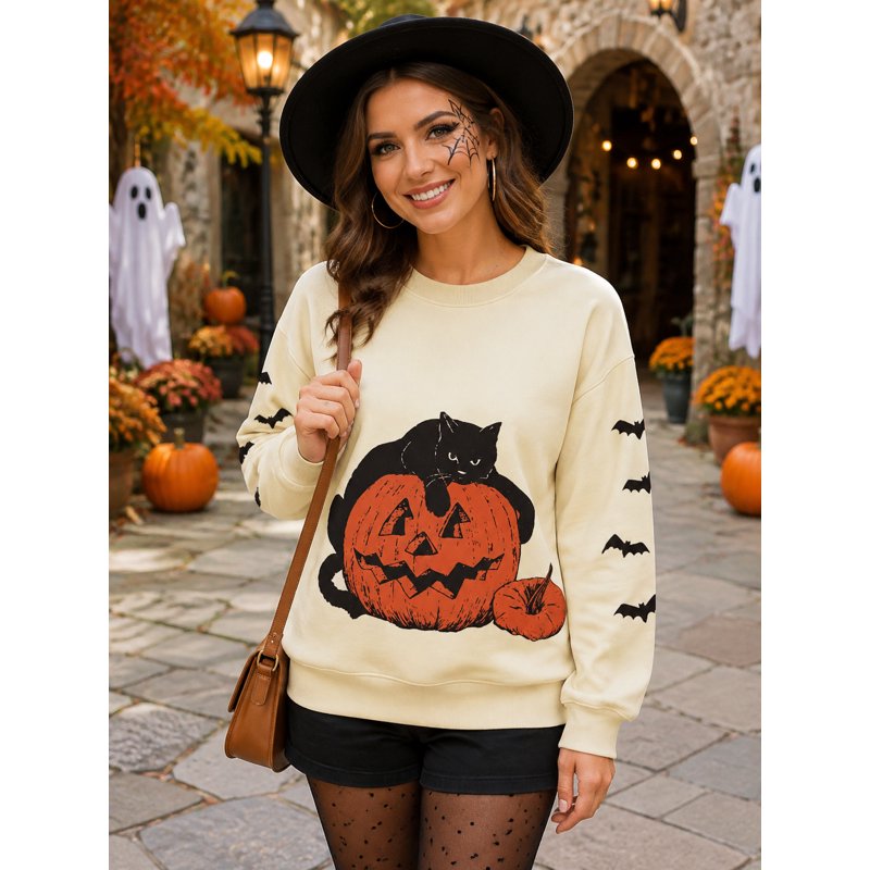 Apricot KimSoong Women's Halloween Sweatshirt Black Cat Pumpkin Graphic Pullover Crew Neck Long Sleeve