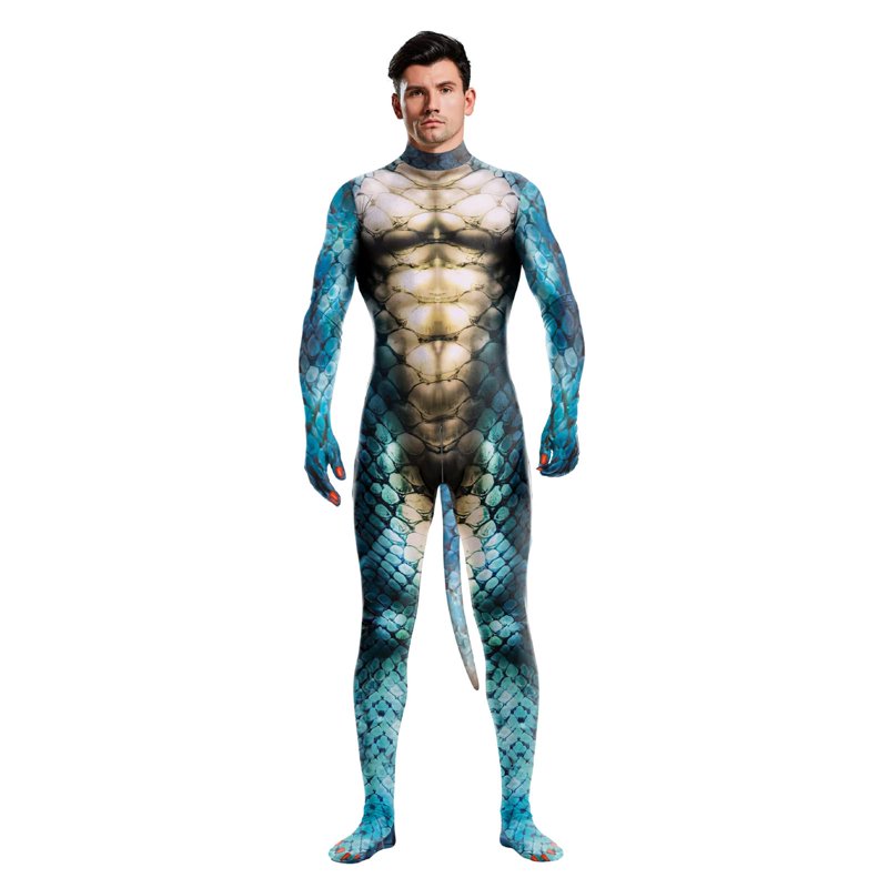 Blue Men's Full Body Dragon Costume Bodysuit with Wings Mask Tail Halloween