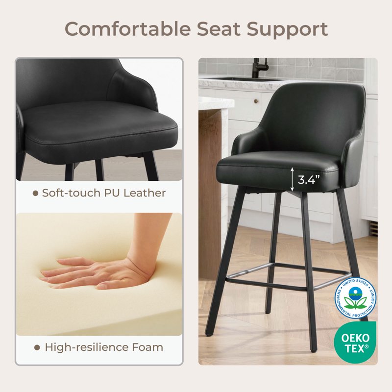 Swivel Counter Stools Set of 2 - Modern Faux Leather - Black