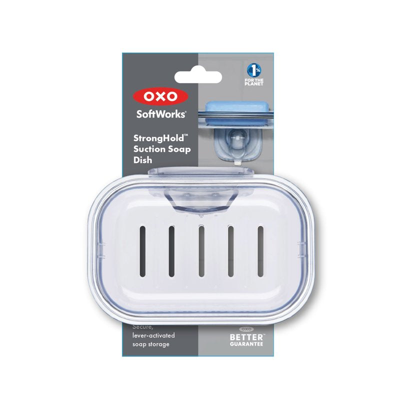 OXO StrongHold Suction Soap Dish - Drainable Bathroom Soap Holder, 3.25 x 5.85 x 7.90 Inches