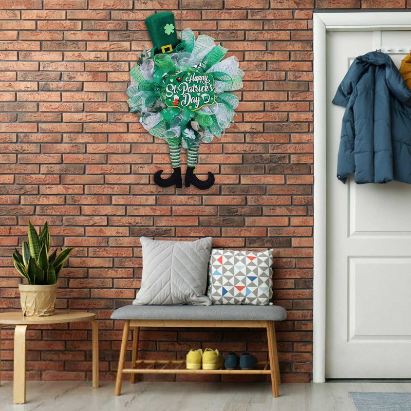 St. Patrick's Day Leprechaun Wreath with Ribbon Front Door Decor - Irish Holiday Wall Hanging