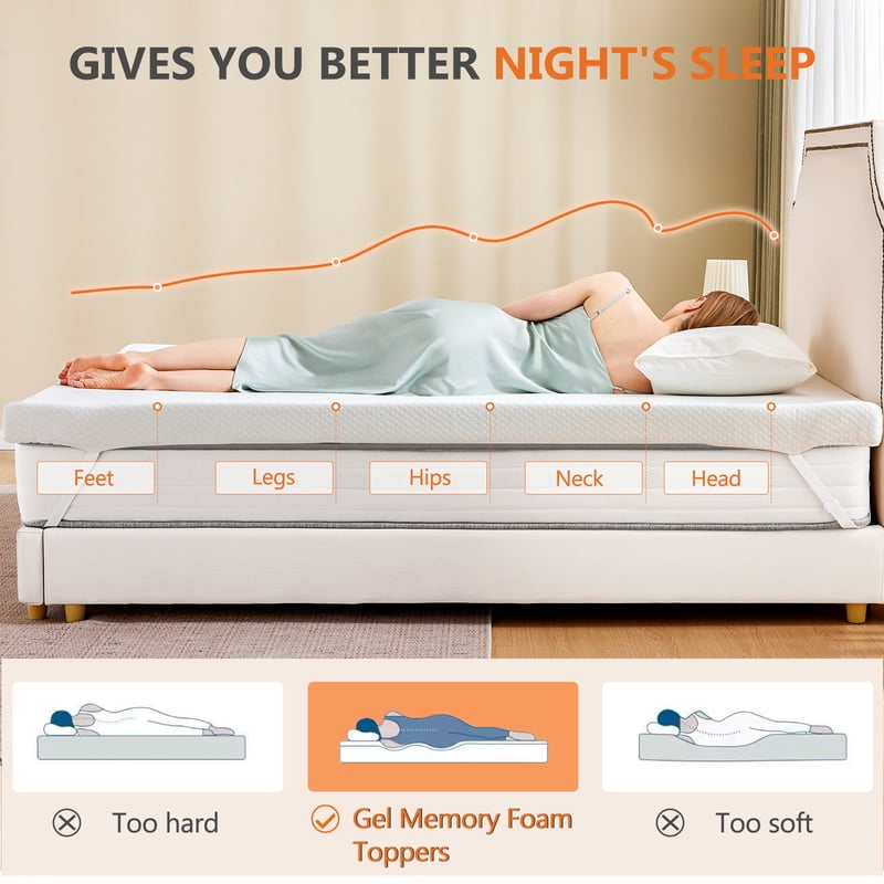 Queen Gel Memory Foam Mattress Topper - 4 Inch Breathable Bed Pad with Removable Washable Cover & Non-Slip Base