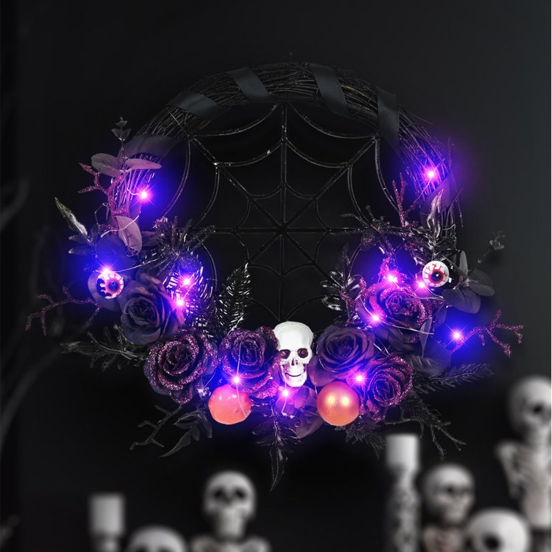 Halloween Wreath Front Door Decoration 18-Inch Artificial Skull with Pumpkin Spider Lights