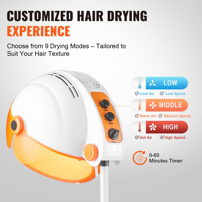 Adjustable Hooded Hair Dryer with Rolling Base - 1875W