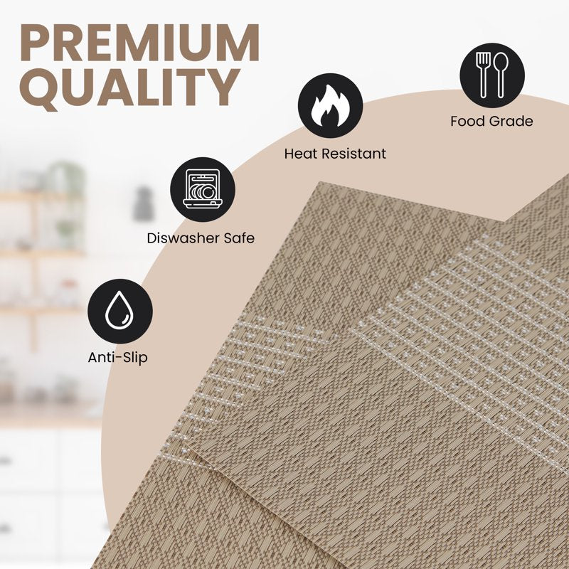 Elegant Set of 6 Non-Slip Placemats - 12x18 in Center Stripe Champagne