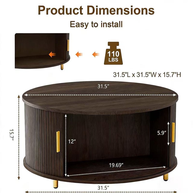 Round Coffee Table with 360° Sliding Door & Fluted Storage
