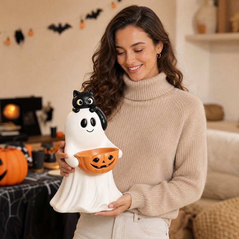 Halloween Ghost Pumpkin Candy Bowl - Cute Resin Spooky Treat Jar, Variation #021