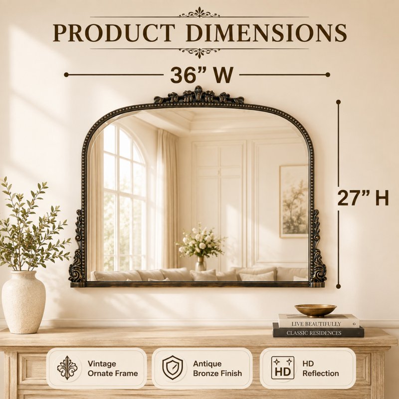 Vintage Wall Mirror 36x27 Antique Bronze Baroque Style Vanity Mirror Wall Mount