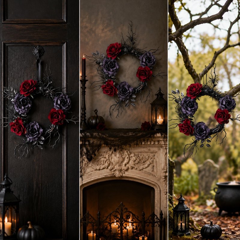 Halloween Wreath with Red Roses - 12 Inch Gothic Fall Door Decor, Bats & Skulls