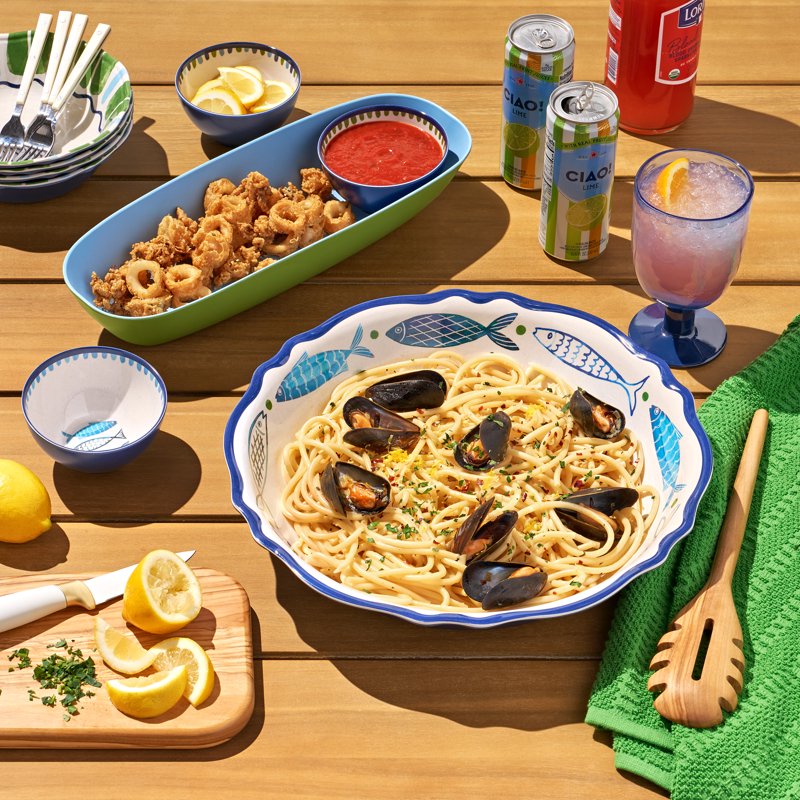 Bamboo Melamine Oval Serve Platter with Sardine Pattern - Multi-Color
