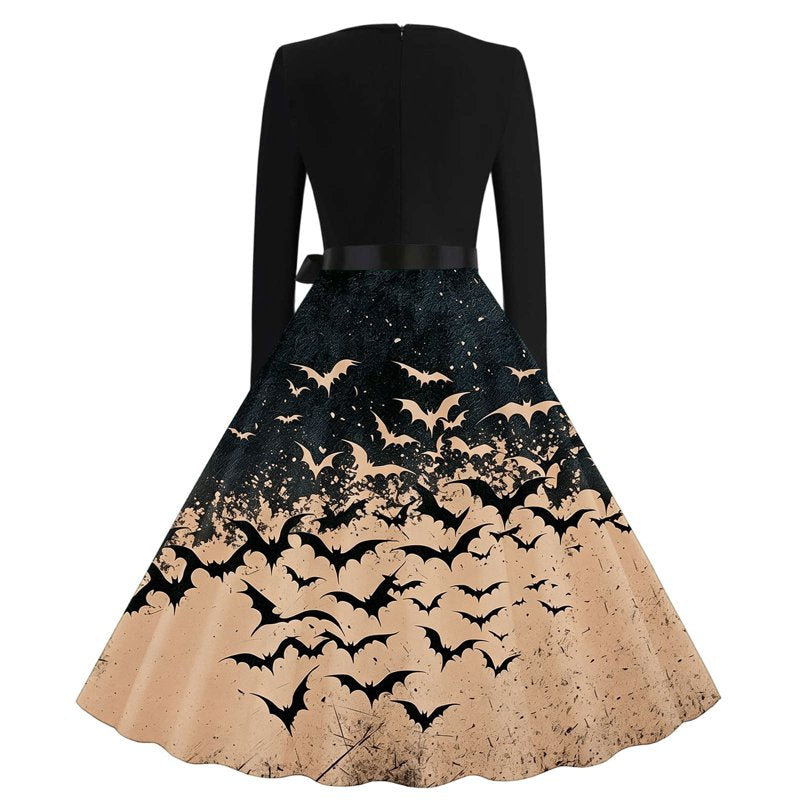 Women's Vintage Halloween Bat Print Swing Dress - Khaki XL Retro Gothic Midi