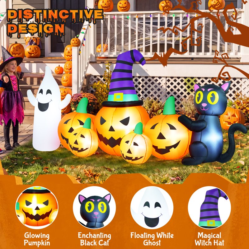 Halloween Inflatable Pumpkin with Ghost and Black Cat - 8FT Family Decor - Variation of 5 Pumpkins