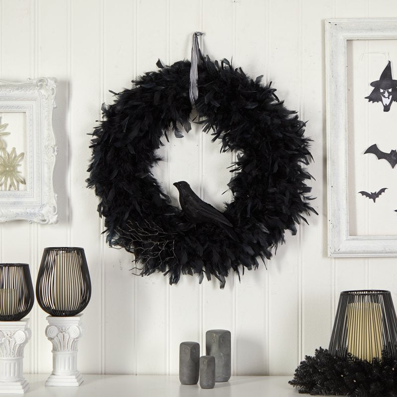 Halloween Raven Feather Wreath - 30 Inch Artificial Fall Decor
