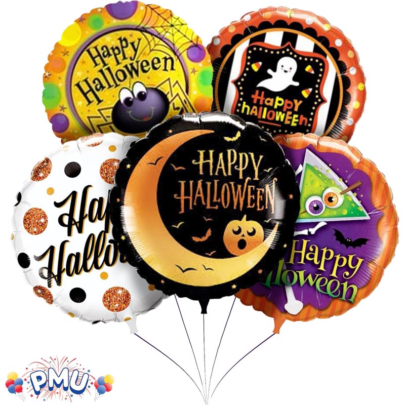 Halloween Balloon Bouquet - 5 Assorted 18in Mylar Balloons - Happy Halloween Variation
