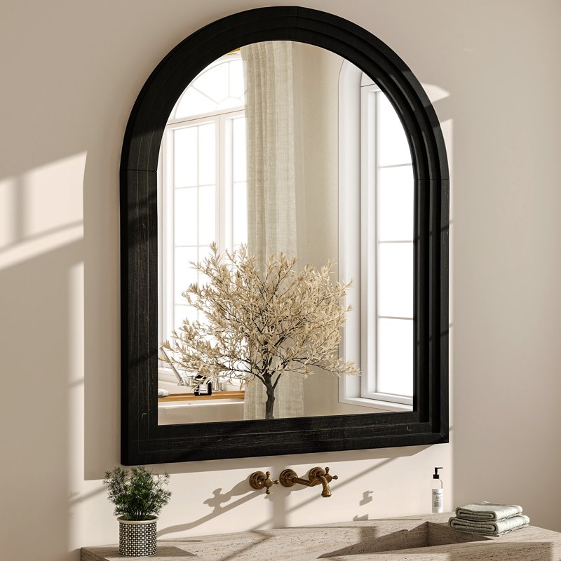 30x40 Inch Arched Bathroom Mirror with Wooden Frame - Black