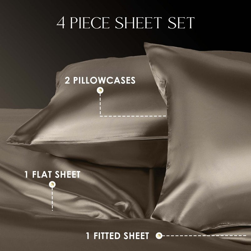 California King Satin Sheet Set - Champagne, Silky Smooth Bed Linen for Hair & Skin