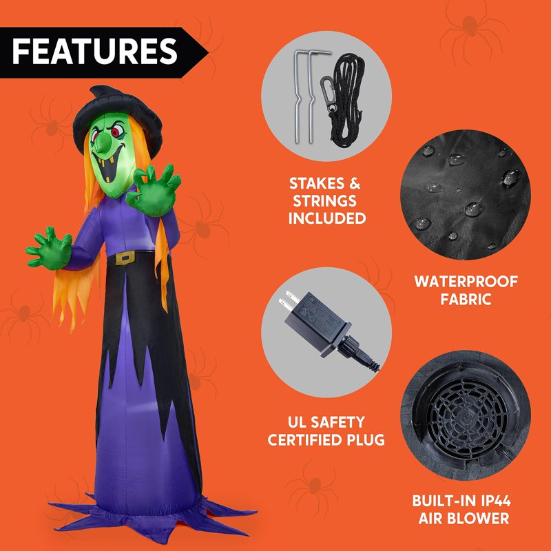 12 Ft Halloween Inflatable Witch Decoration with Built-In LEDs Outdoor Yard Lawn