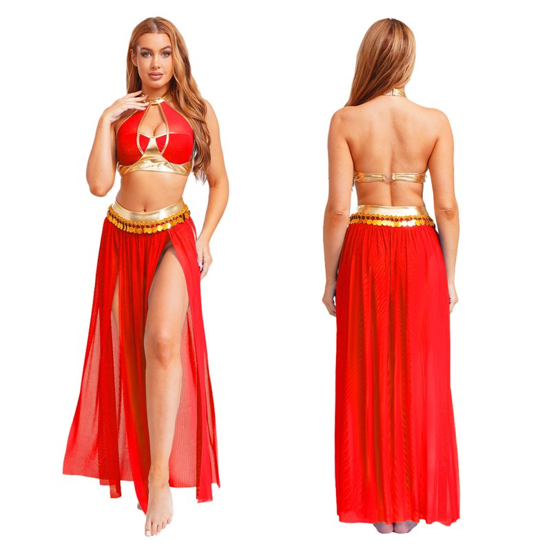 Women's Belly Dance Costume Set - Halter Crop Top & Mesh Split Skirt - Red XXL