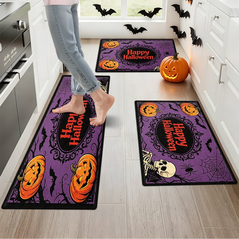 Halloween Pumpkin Lanterns & Flannel Floor Mat 2-Piece Set - Non-Slip Bathroom Entryway & Kitchen Rugs - Variation of THIS Listing