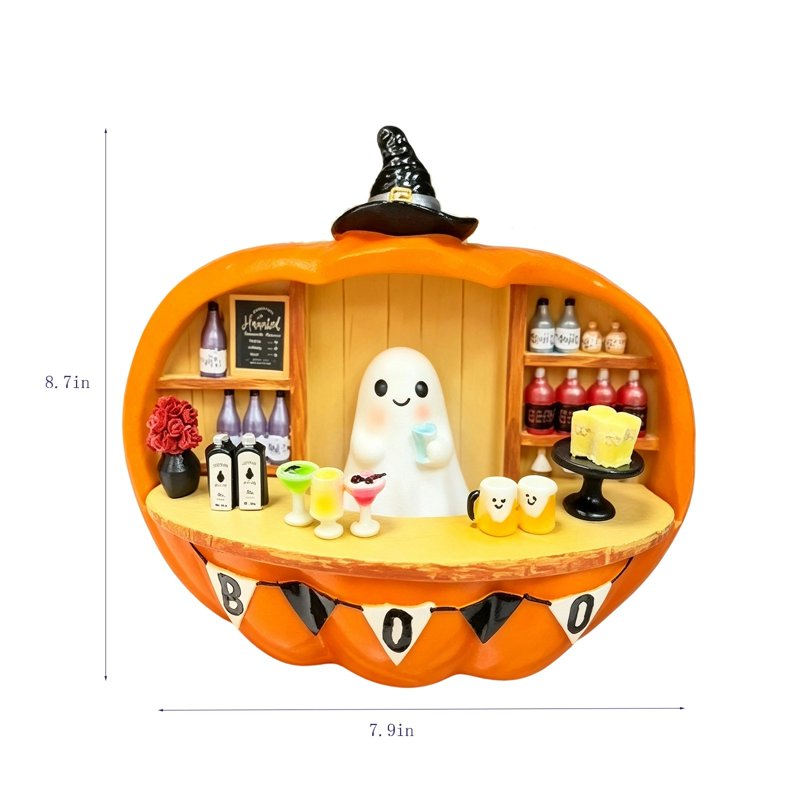 Halloween Ghost and Pumpkin Bar Scene Figurine with Lighted Mini Bar - K Variation